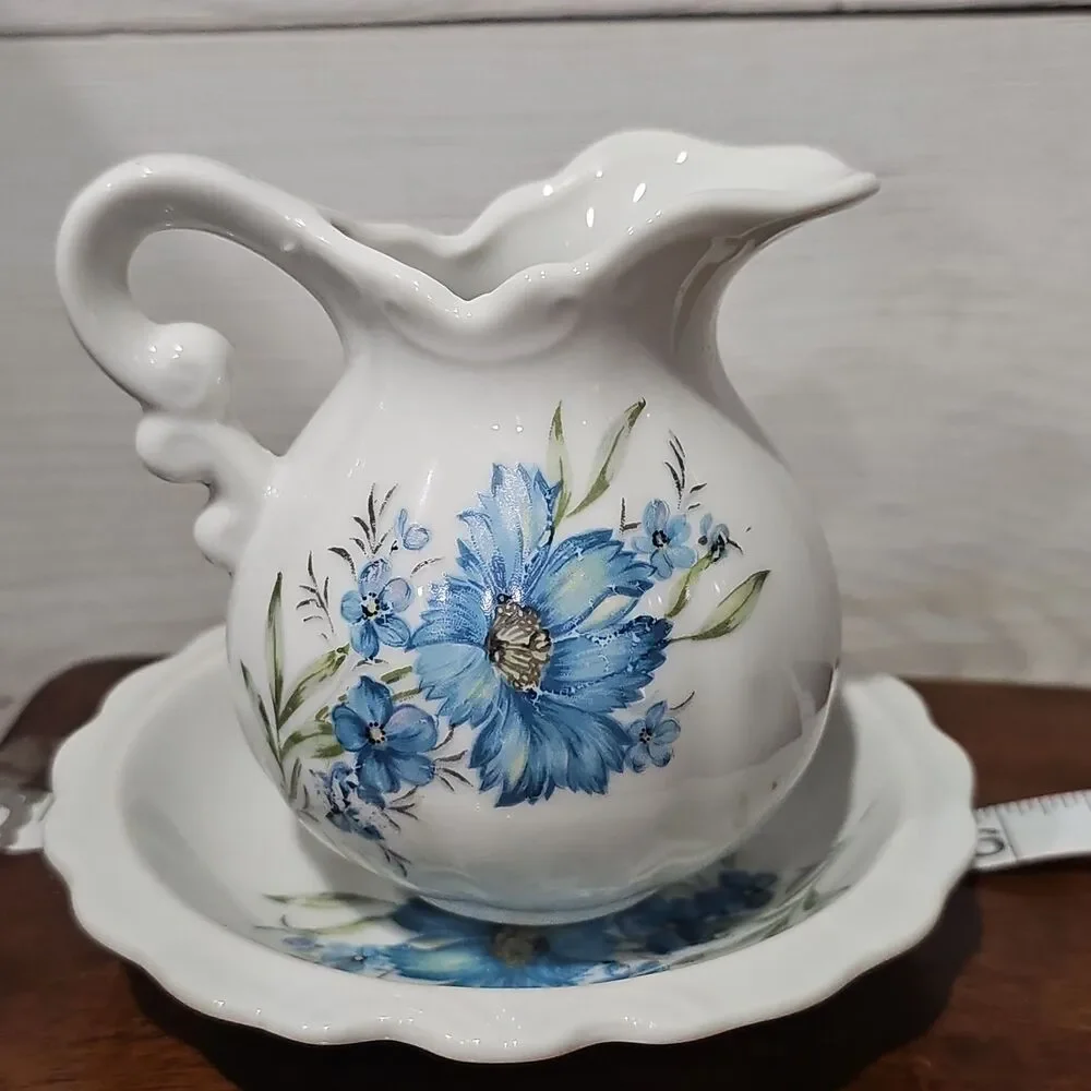 Vintage Inarco Japan Blue Floral Miniature Pitcher & Basin Set E-4543 Hand-paint